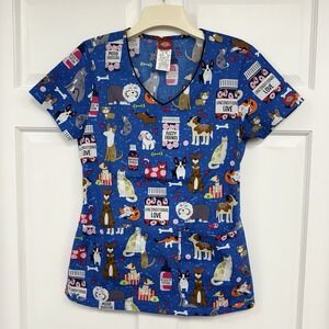NWT Dickies Scrub Top Dogs & Cats 2X Blue Unconditional Love Cotton Scrubs Vet